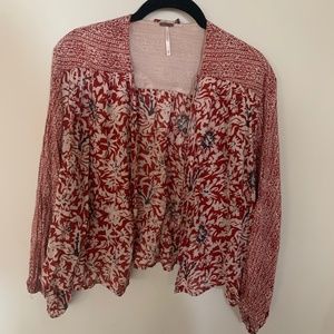 Free people loose sleeve floral red cardigan blouse with tie front